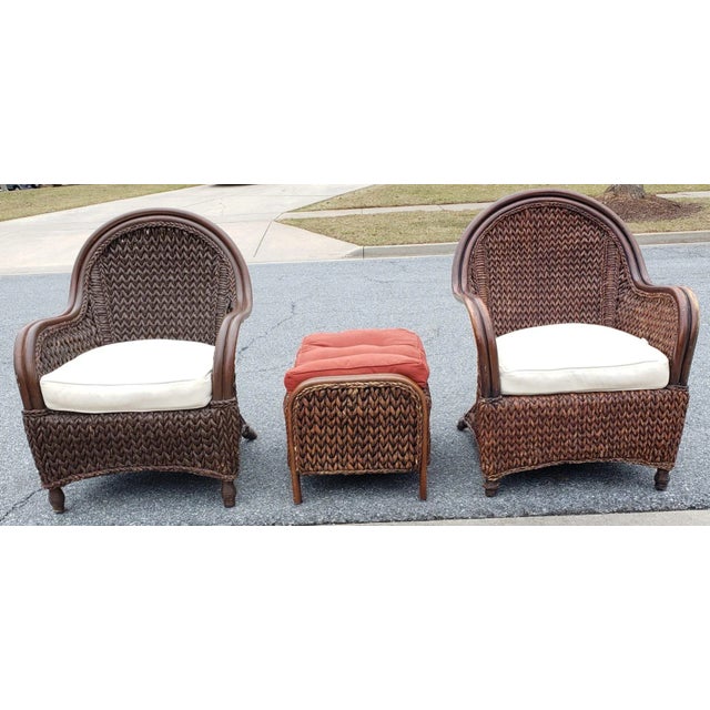 A 1980s Rattan and Rush Lounge Chairs With Ottoman Set - 3 Pieces For Sale - Image 10 of 11