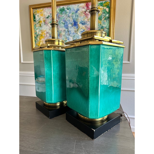Mid-Century Modern Pair of Stiffel Mid-Century Turquoise Jade Lamps W/ Antique Brass Hardware & Milk Glass Shades, Designed by Edwin Cole, Provenance the Broadmoor Hotel For Sale - Image 3 of 7