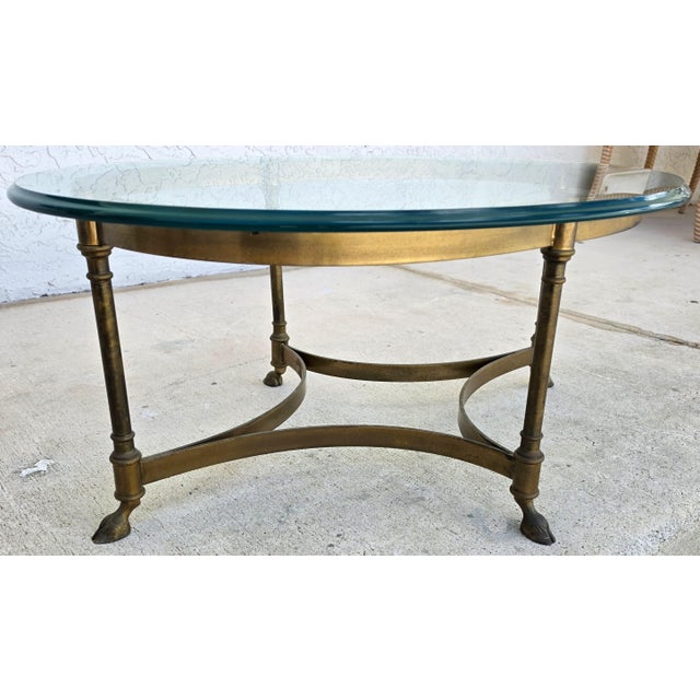 1970s Vintage LaBarge Oval Brass Hoof Footed Glass Top Coffee Table For Sale - Image 5 of 15