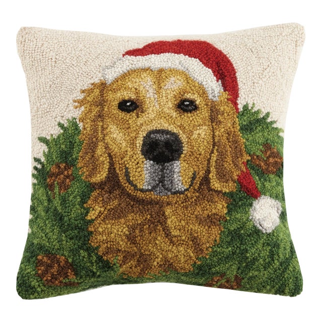 Golden Retriever with Wreath Hook Pillow 16" x 16" For Sale