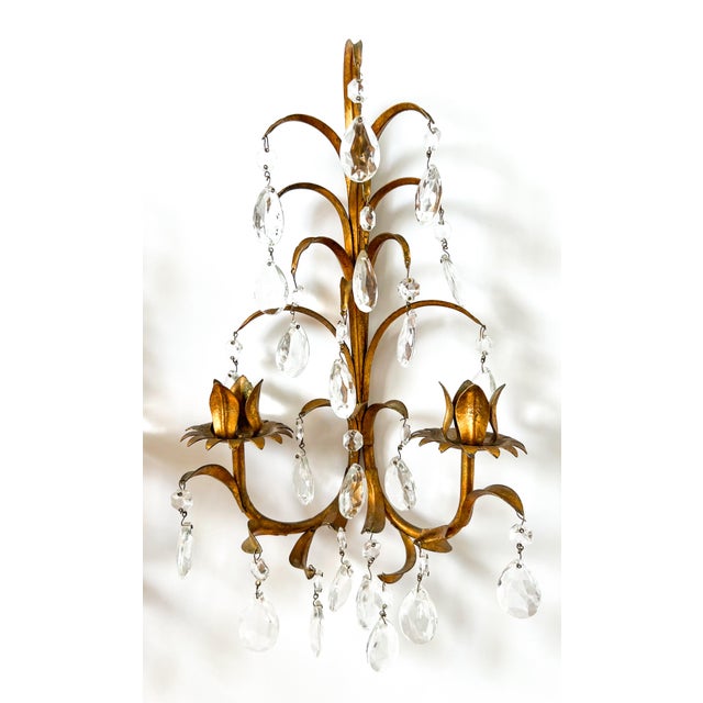 Glass Pair of Vintage Italian Gold Gilt Tole Wall Sconces With Crystal Prisms – Hollywood Regency / Florentine For Sale - Image 7 of 9