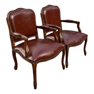 French Louis XV Leather Upholstered Studded Fauteuil Chairs - a Pair For Sale
