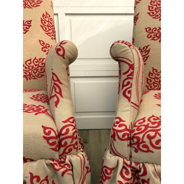 Pair of Vintage Skirted Swan Arm Chairs With Red Embroidered Textile For Sale - Image 4 of 15