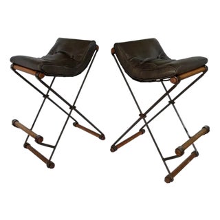 Signed Cleo Baldon Terra Wrought Iron Bar Counter X Stools Mid Century Modern For Sale