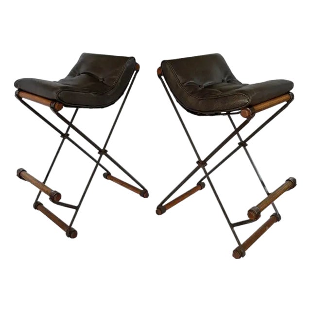 Signed Cleo Baldon Terra Wrought Iron Bar Counter X Stools Mid Century Modern For Sale
