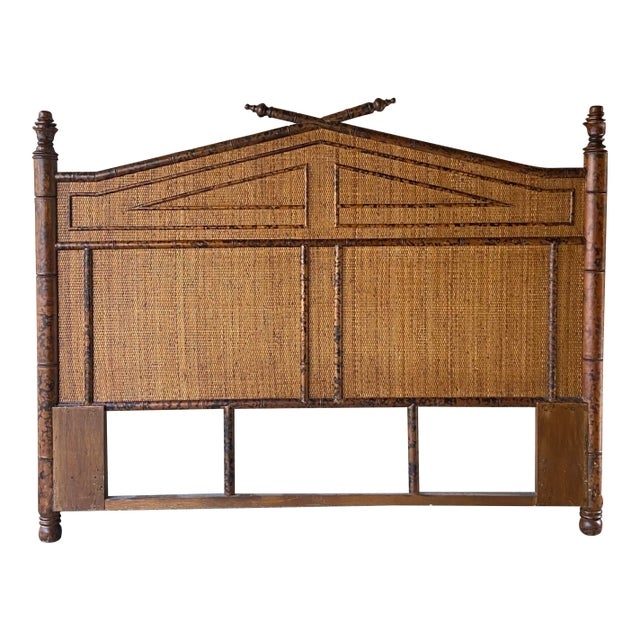 British Colonial Burnt Bamboo and Grasscloth Queen Headboard For Sale