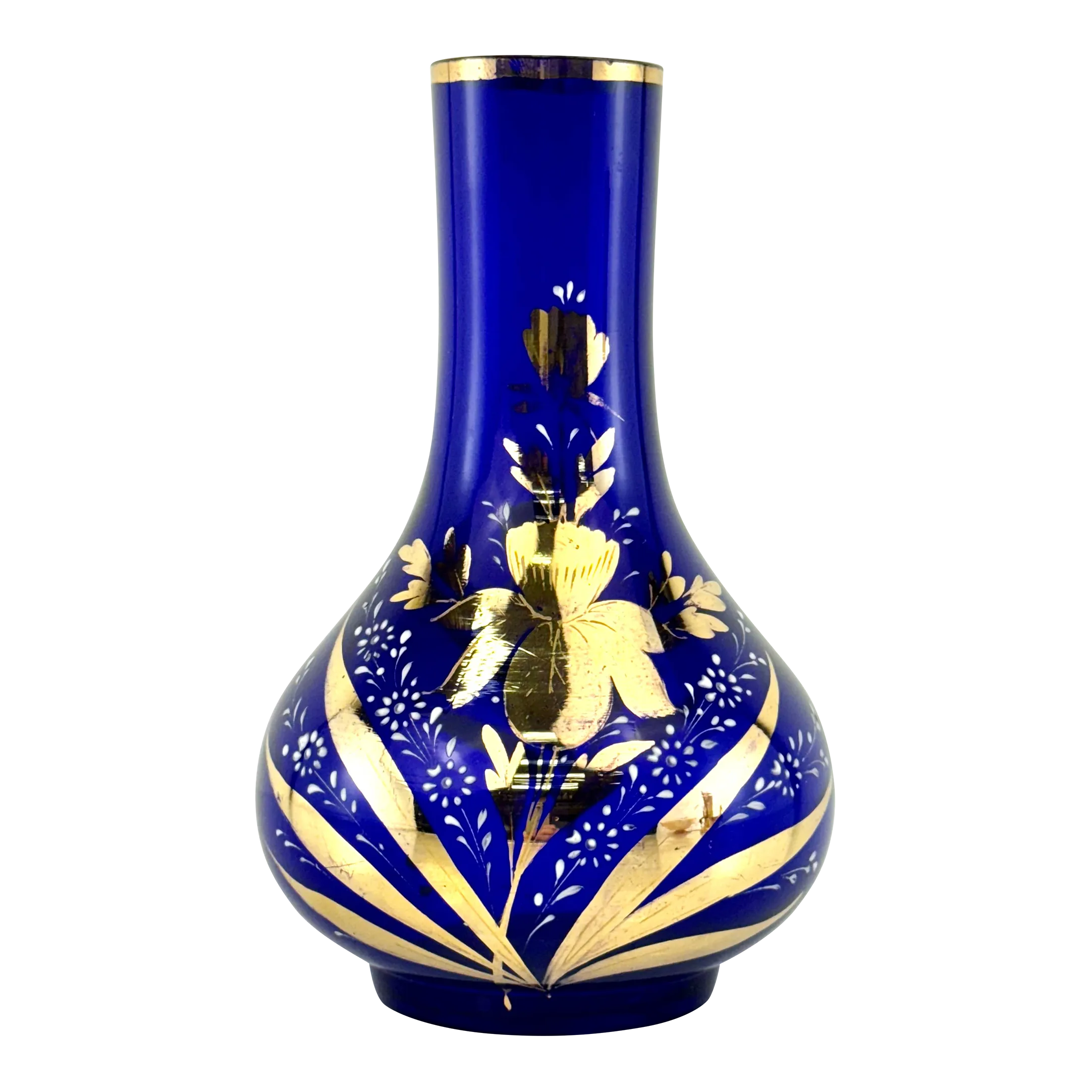 Vintage 1920's Hand-Painted Cobalt Blue Czech Glass Vase With Gold