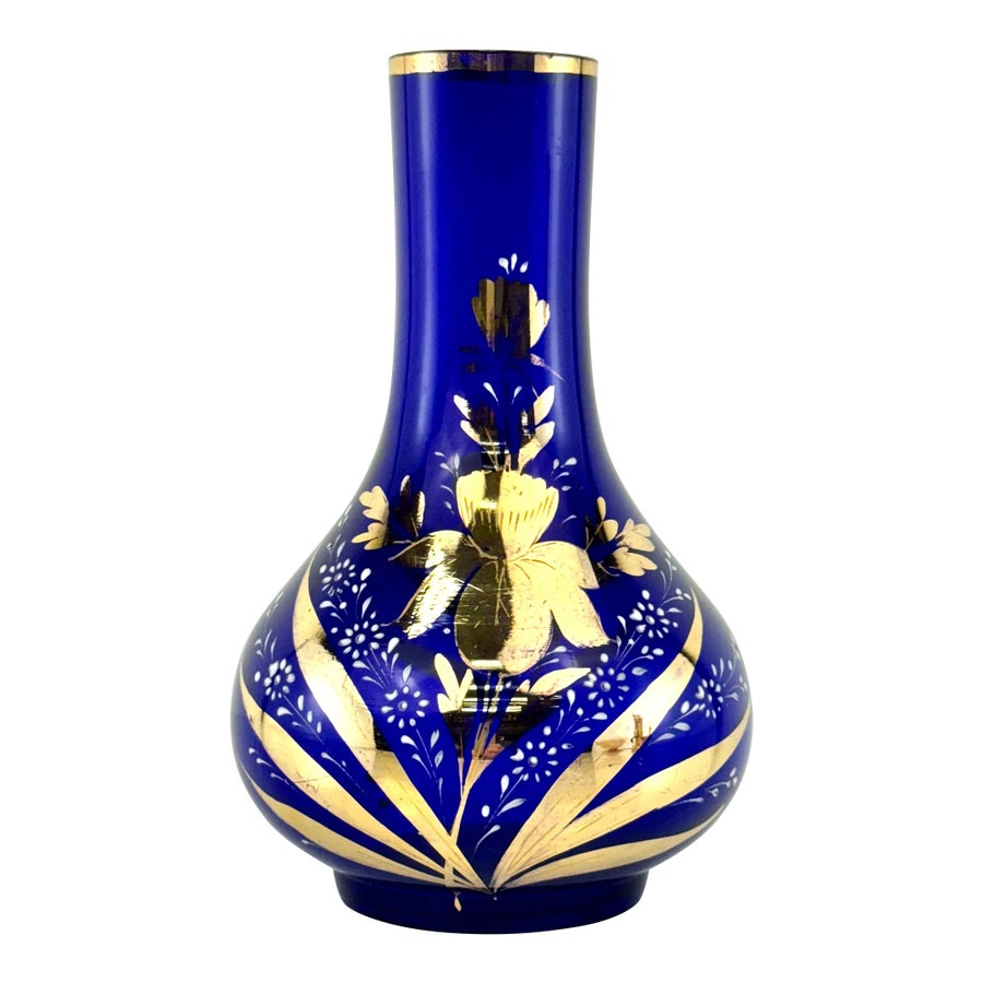 Vintage 1920's Hand-Painted Cobalt Blue Czech Glass Vase With Gold