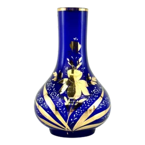 Vintage 1920's Hand-Painted Cobalt Blue Czech Glass Vase With Gold Detailing