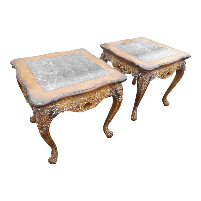 Regency Drexel Heritage Distressed End Tables With Marble Inserts a