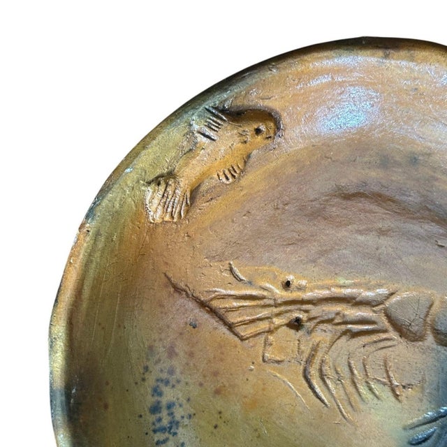 Late 20th Century 2007 Belize Art Pottery Bowl Raised Relief Shrimp Prawn Handmade Artist Signed 8" For Sale - Image 5 of 11