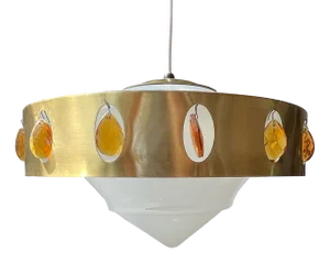 Danish Prism Ceiling Lamp in Opaline Glass and Brass, 1970s