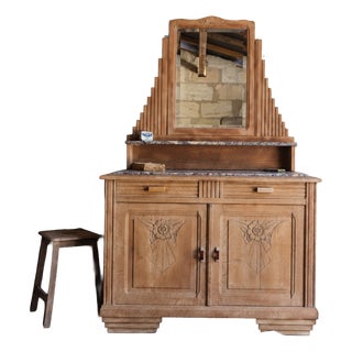 Art Deco Oak Sideboard with Beveled Mirror and Purple Marble Top, 1920s For Sale