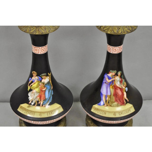 French Antique French Neoclassical Bronze & Black Porcelain Painted Table Lamps - Pair For Sale - Image 3 of 15
