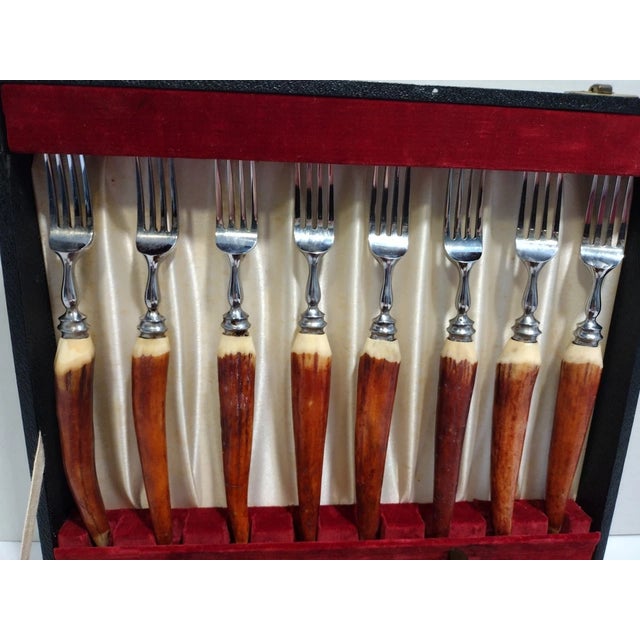 Taylor Witness Sheffield 16pc Stainless Steak Knife Fork Set, Stag Wood With Case For Sale - Image 11 of 12