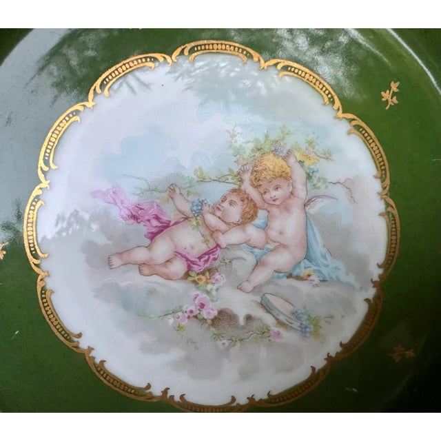 Ceramic Vintage French Hand Painted Cherubs Gold Gilt Green Porcelain Decorative Plate For Sale - Image 7 of 12