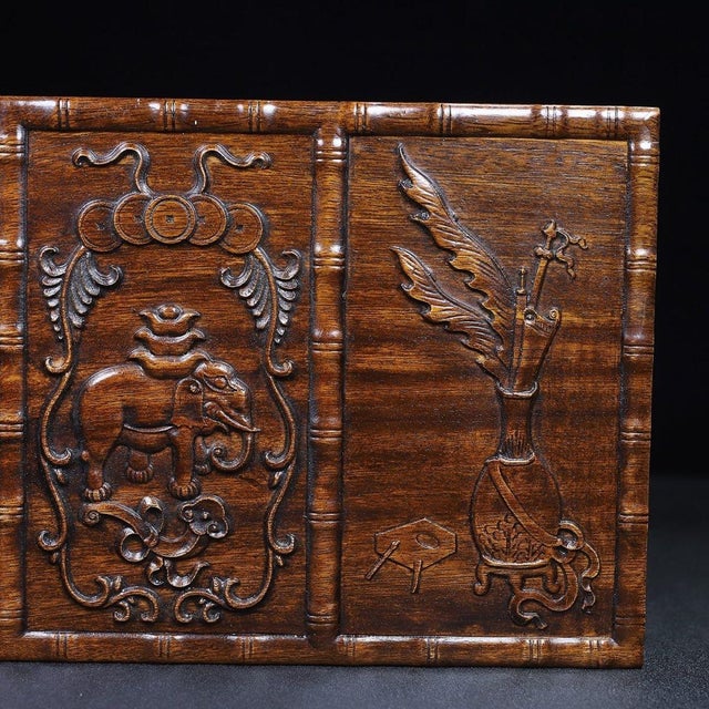 Vintage Chinese Huali Rosewood Box | Carved Bogu Motif Scholar's Chest For Sale In Los Angeles - Image 6 of 8