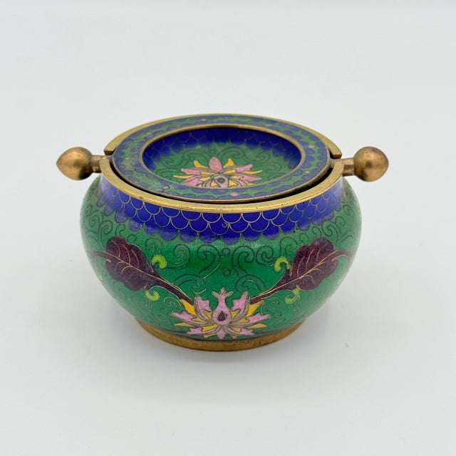 Green Mid-Century Cloisonné Enamel Revolving Ashtray in Green & Cobalt For Sale - Image 8 of 8