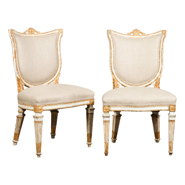 Pair of Italian Neoclassical Painted and Carved Side Chairs with Shield Backs For Sale