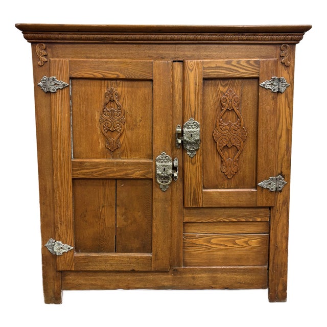 Antique Large Size American Oak and Metal Ice Box Chest Cabinet For Sale