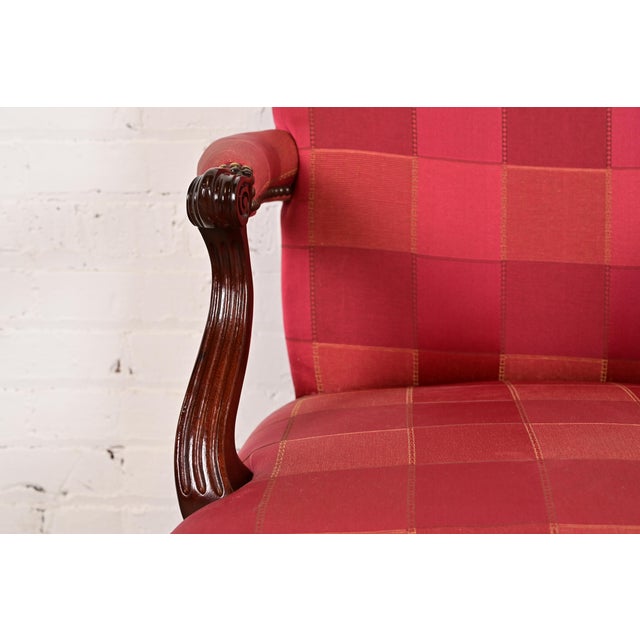 Wood Baker Furniture English Regency Carved Mahogany Upholstered Armchairs or Dining Captain Chairs, Pair For Sale - Image 7 of 13