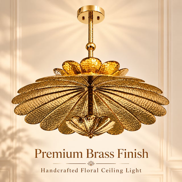 Art Deco Handmade Brass Flower Ceiling Light, Floral Semi Flush Mount, Hammered Brass Chandelier, Vintage Lotus Ceiling Fixture, Art Deco Lighting For Sale - Image 3 of 18