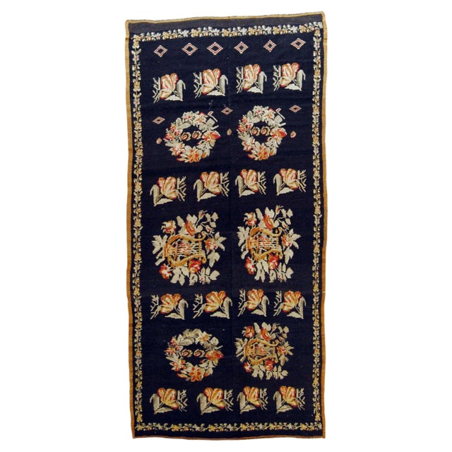 20th Century Black Floreal Bessarabian Kilim Rug, 1920s For Sale