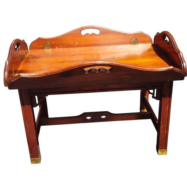 Baker Furniture Company Classic Baker Brass Hardware Chippendale Butler's Tray Coffee Table With Hinged Drop-Down Leaves For Sale - Image 4 of 8