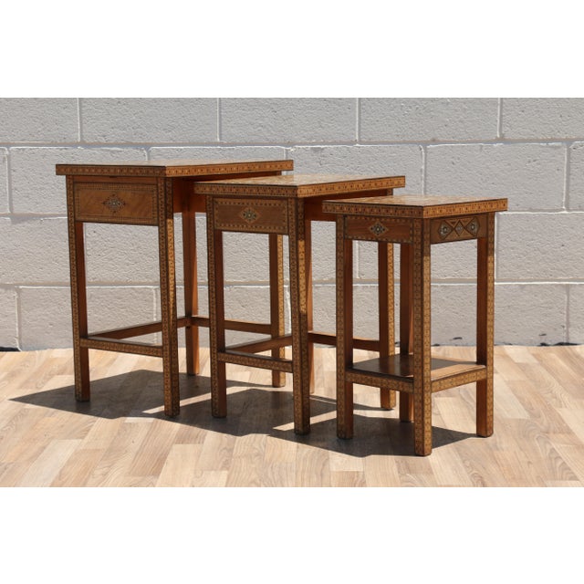 Vintage Moroccan Inlaid Nesting Tables | Moorish Geometric Side Tables Set of 3 For Sale - Image 14 of 18