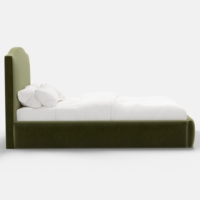 Transitional Camille Olive Velvet Platform Bed, Queen For Sale - Image 3 of 6