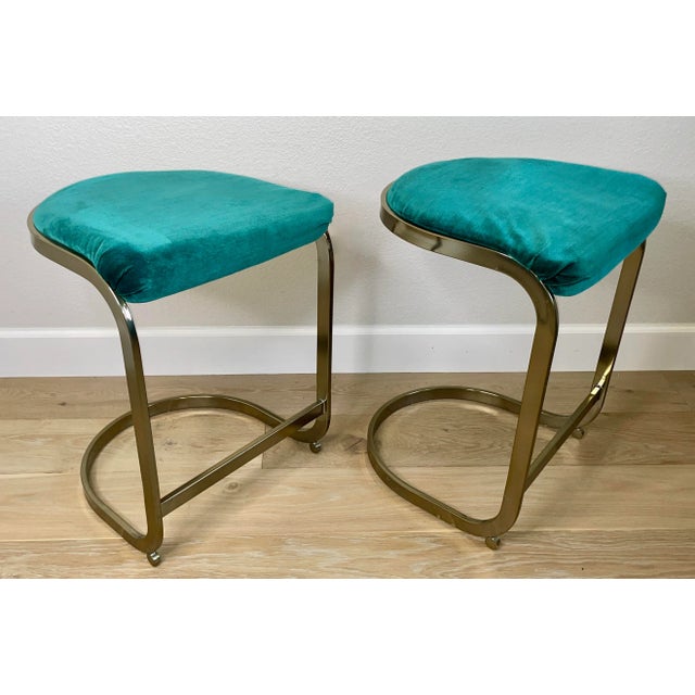 Postmodern Cal-Style Cantilevered Teal & Bronze Tone Metal Stools - a Pair For Sale - Image 13 of 13