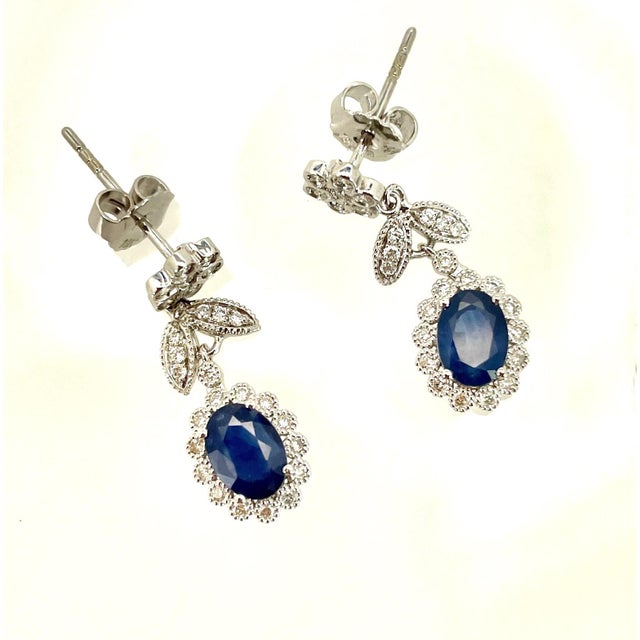 Cornflower Blue Sapphire Drop Earrings With Diamond Surround 18k - 2 Pieces For Sale - Image 8 of 11