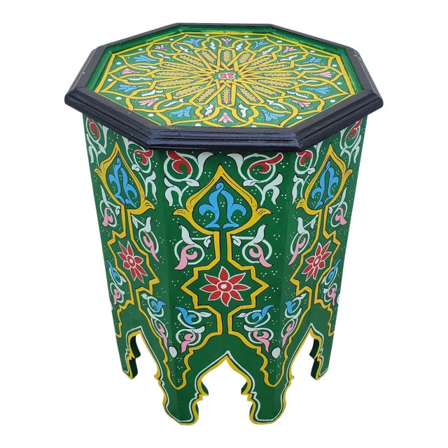 Moroccan Octagonal Hand Painted Wooden Side Table in Green For Sale