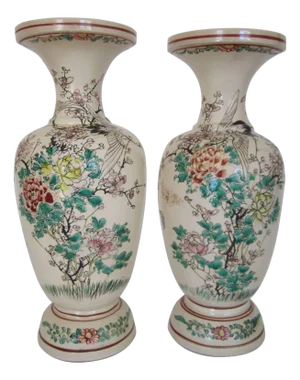 Japanese Earthenware Vases with Birds and Butterflies - A Pair