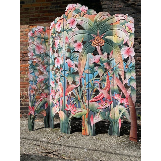 Mid-Century Modern Original 1950s MCM Hand Painted Flamingo Tropical 5 Panel Carved Wood Room Divider For Sale - Image 3 of 14