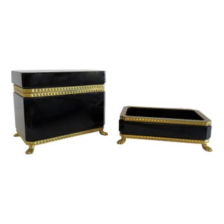 C.1930's Cenedese Murano Italian Hand-Blown Black Keepsake Lidded Box & Accent Dish With Bronze Gilded Mounts For Sale