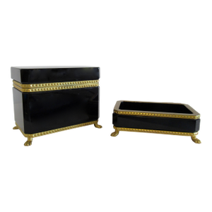 C.1930's Cenedese Murano Italian Hand-Blown Black Keepsake Lidded Box & Accent Dish With Bronze Gilded Mounts