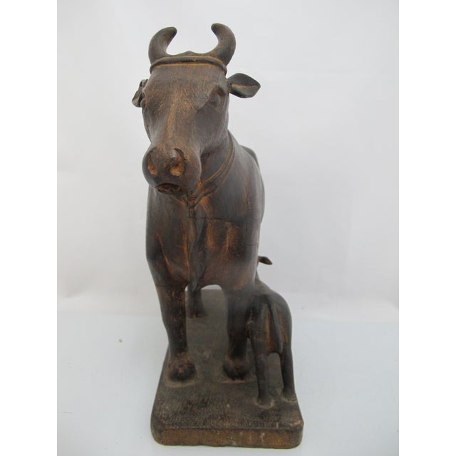 Kamadhenu Wooden Cow & Calf Rustic Hand Carved India Hindu Folk Art Sculpture For Sale - Image 10 of 11