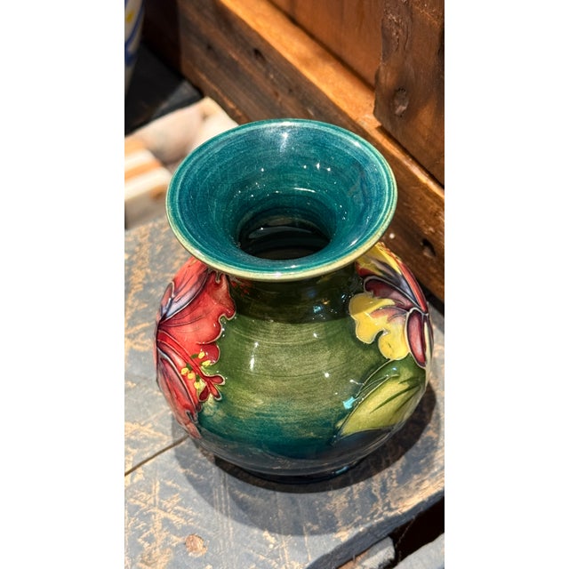 Vintage Moorcroft Hibiscus Vase Green Floral Pottery England Queen Mary Label 3.5 Inch For Sale - Image 4 of 6