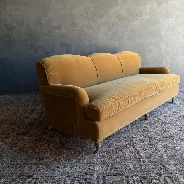 Modern English Sofa in a Caramel Mustard Faux Velvet Mohair With Down Cushion For Sale - Image 4 of 10