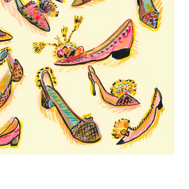 A collection of fantasy shoes of all kinds in vivid colors with a hint of gold, inspired by 18th century slippers to...