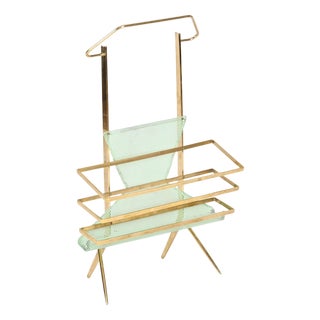 Brass and Perforated Green Metal Magazine Rack attributed to Cesare Lacca, Italy, 1950s For Sale