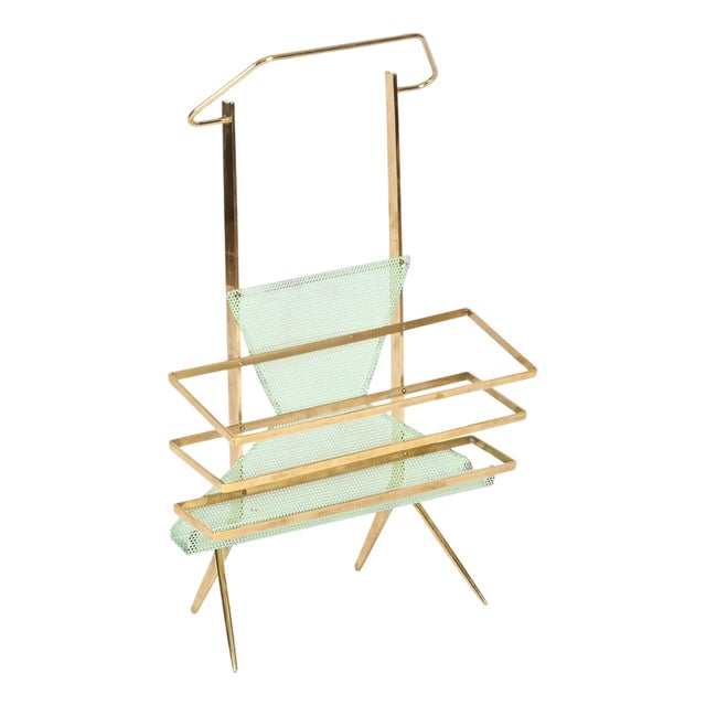 Brass and Perforated Green Metal Magazine Rack attributed to Cesare Lacca, Italy, 1950s For Sale