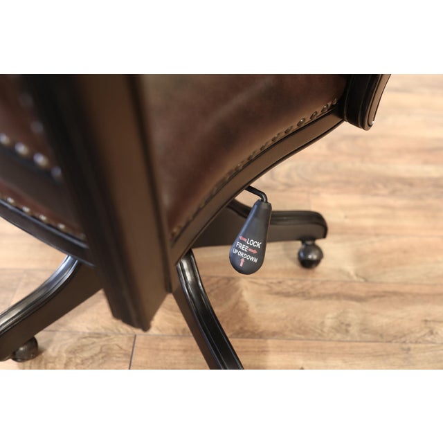 Transitional Black and Borwn Glazed Leather Executive Chair With Nail Trim and Umbria Finish Frame For Sale - Image 3 of 8