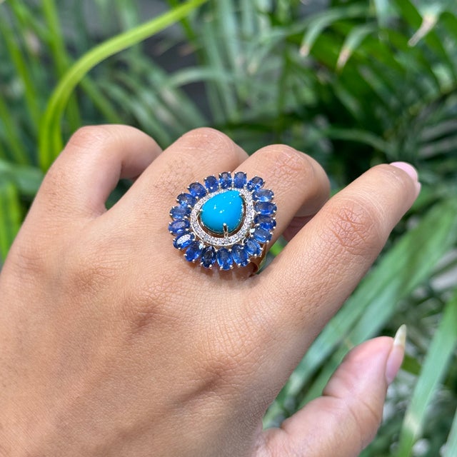14k Yellow Gold 8.41ct Turquoise, Blue Sapphire & Diamond Floral Art Deco Ring Size 6.5 For Sale - Image 9 of 18