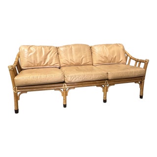 1960s McGuire Vintage Mid Century Leather and Bamboo Sofa For Sale