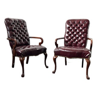 1980s Pair of Southwood Queen Anne Style Shepherd’s Crook Arm Chair (Burgundy Tufted Leather) For Sale