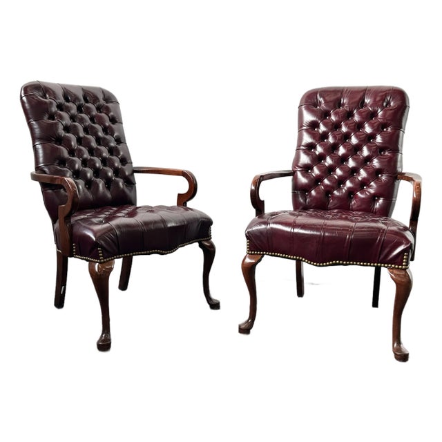 1980s Pair of Southwood Queen Anne Style Shepherd’s Crook Arm Chair (Burgundy Tufted Leather) For Sale