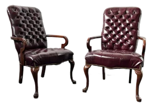 1980s Pair of Southwood Queen Anne Style Shepherd’s Crook Arm Chair (Burgundy Tufted Leather)