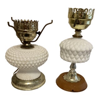 Vintage 1950s Milk Glass Hobnail Mismatched Lamps, Set of 2 For Sale